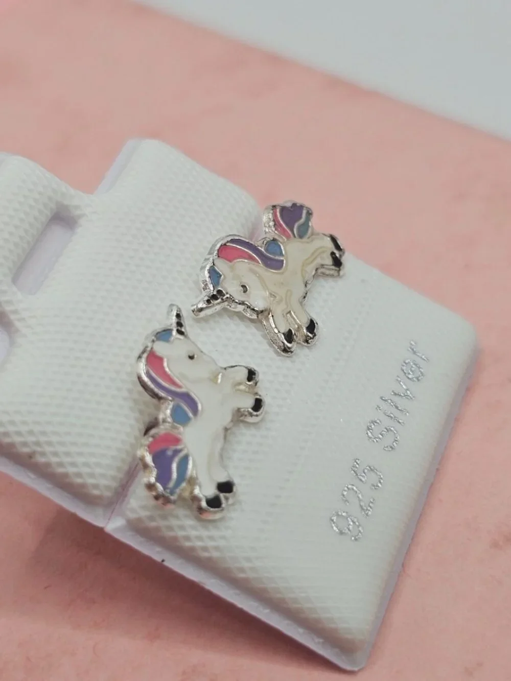 Sterling Silver 925 High Polished Enamel Jumping Unicorn Screw Stud Earrings